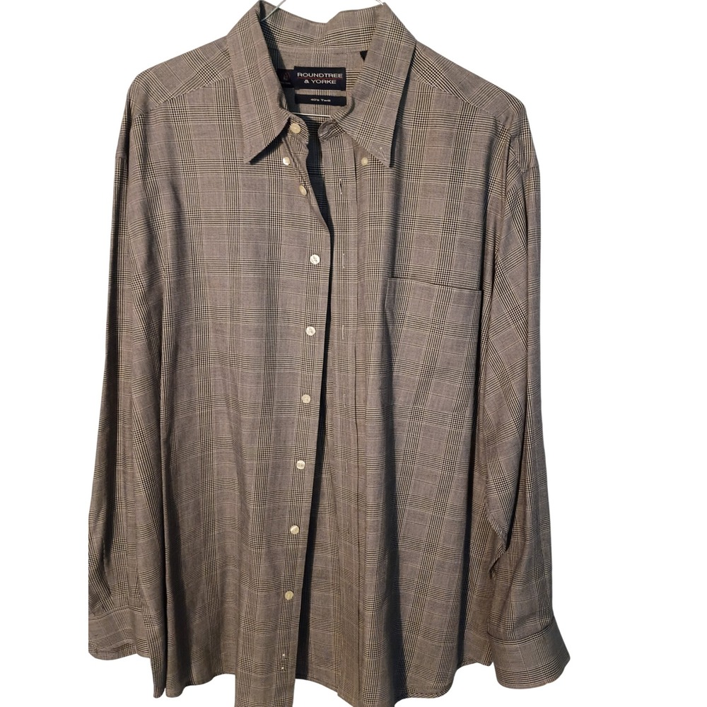 Roundtree & Yorke Mens 2X Big Glen Plaid Button Down Shirt Grey 40s Twill Cotton